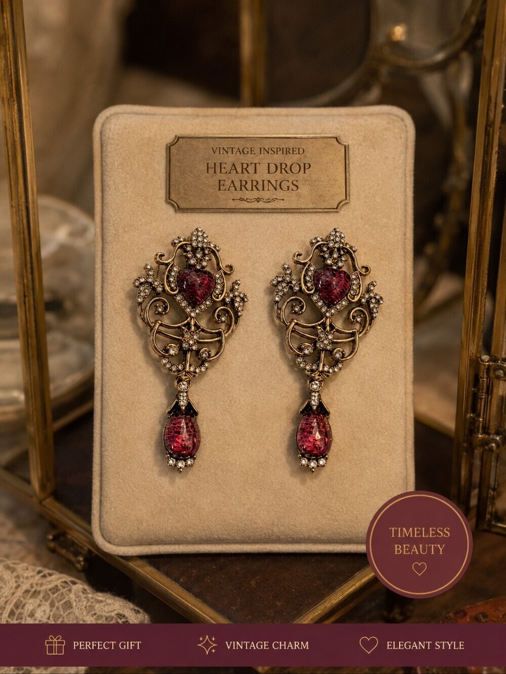 Vintage Gold and Red Dangle Earrings - Picture 2 of 4